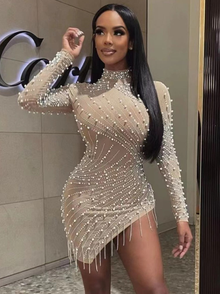 All Luxury Mesh Studded Mini Dress