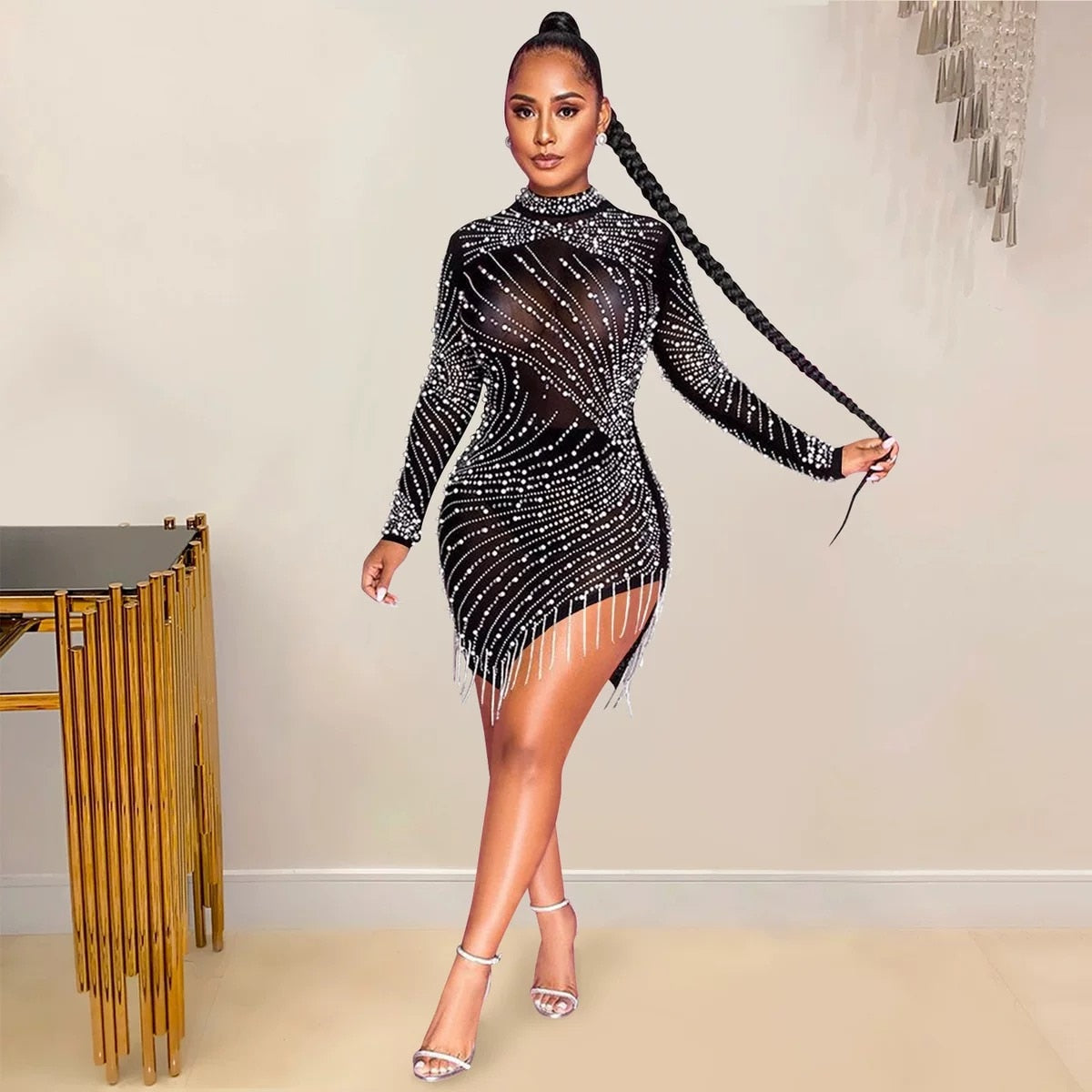 All Luxury Mesh Studded Mini Dress