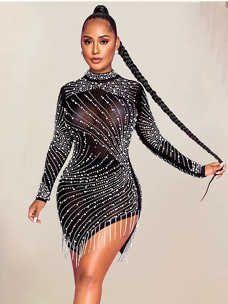 All Luxury Mesh Studded Mini Dress