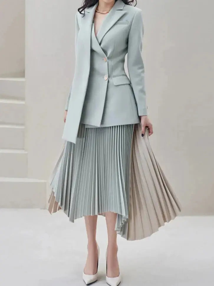 Asymmetric Contrast Pleated Blazer Skirt Set