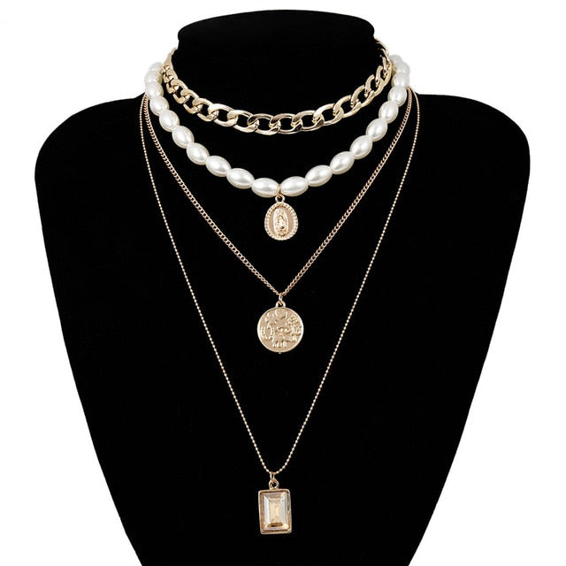 Coin Multi Layer Pearl Choker Necklace