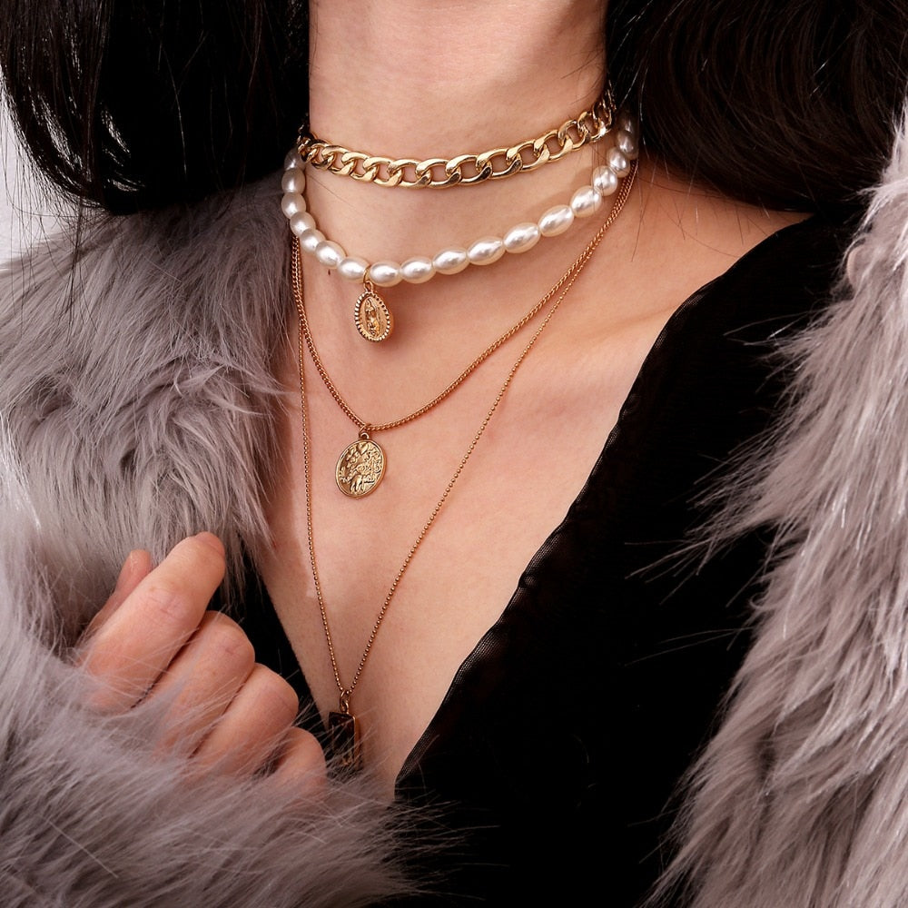 Coin Multi Layer Pearl Choker Necklace