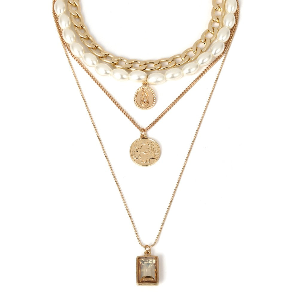 Coin Multi Layer Pearl Choker Necklace