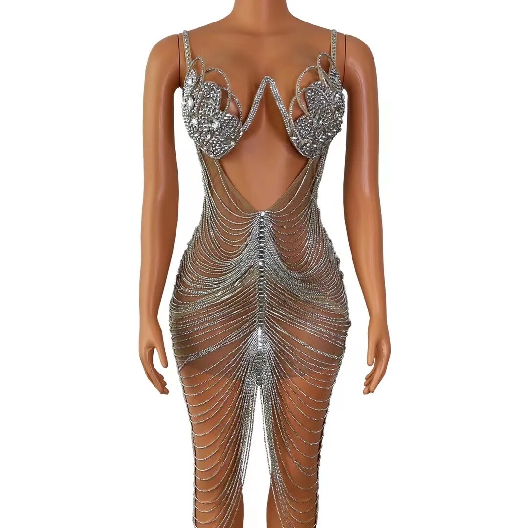 Diamond Tassel Fringe Mesh Dress
