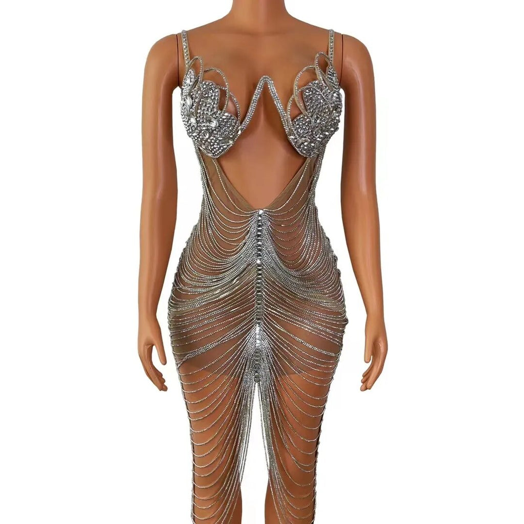 Diamond Tassel Fringe Mesh Dress