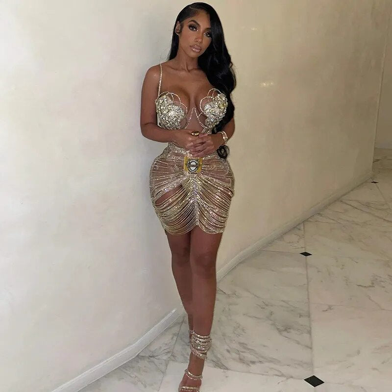 Diamond Tassel Fringe Mesh Dress
