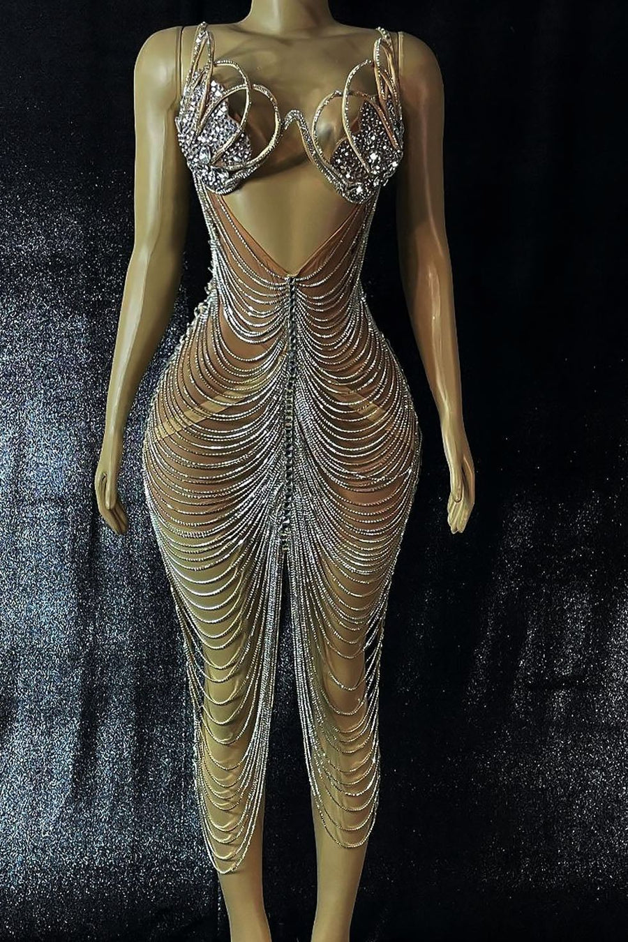 Diamond Tassel Fringe Mesh Dress