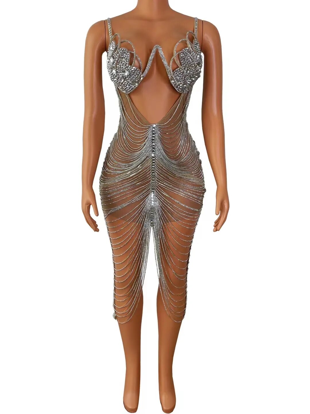 Diamond Tassel Fringe Mesh Dress