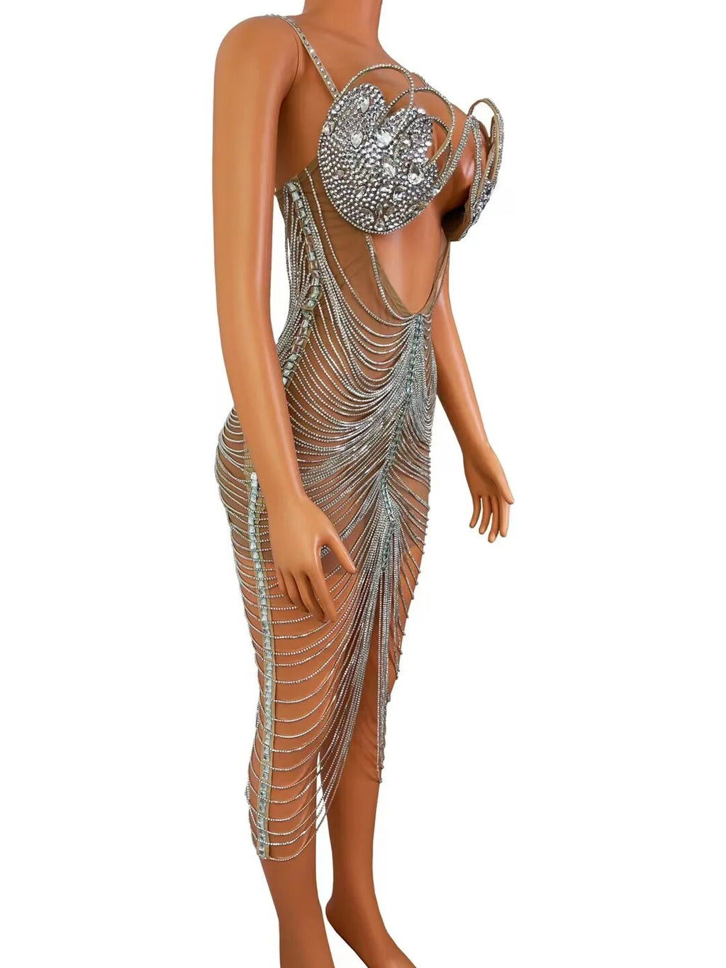 Diamond Tassel Fringe Mesh Dress