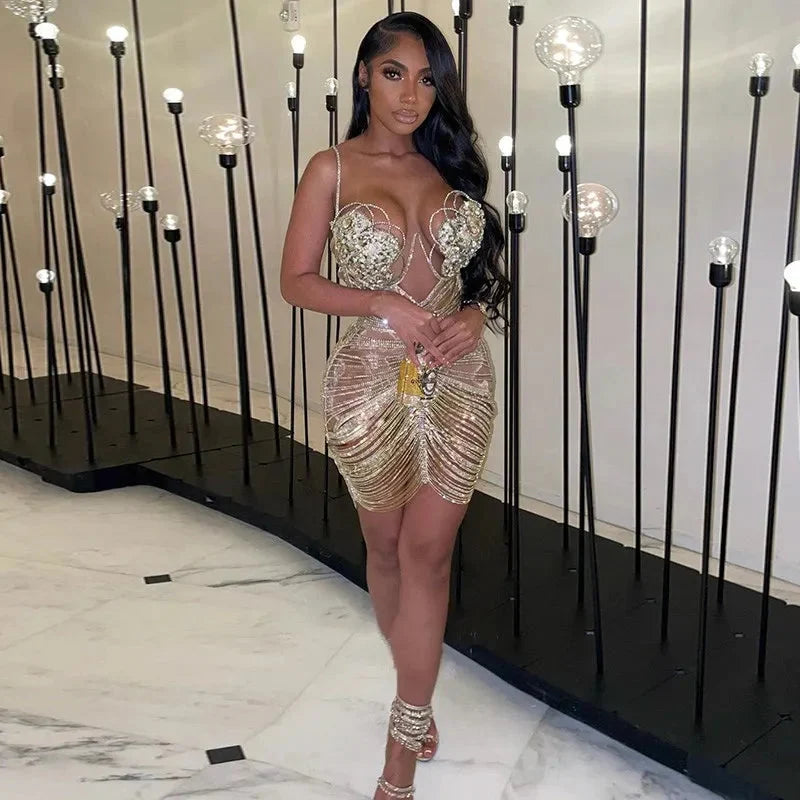 Diamond Tassel Fringe Mesh Dress