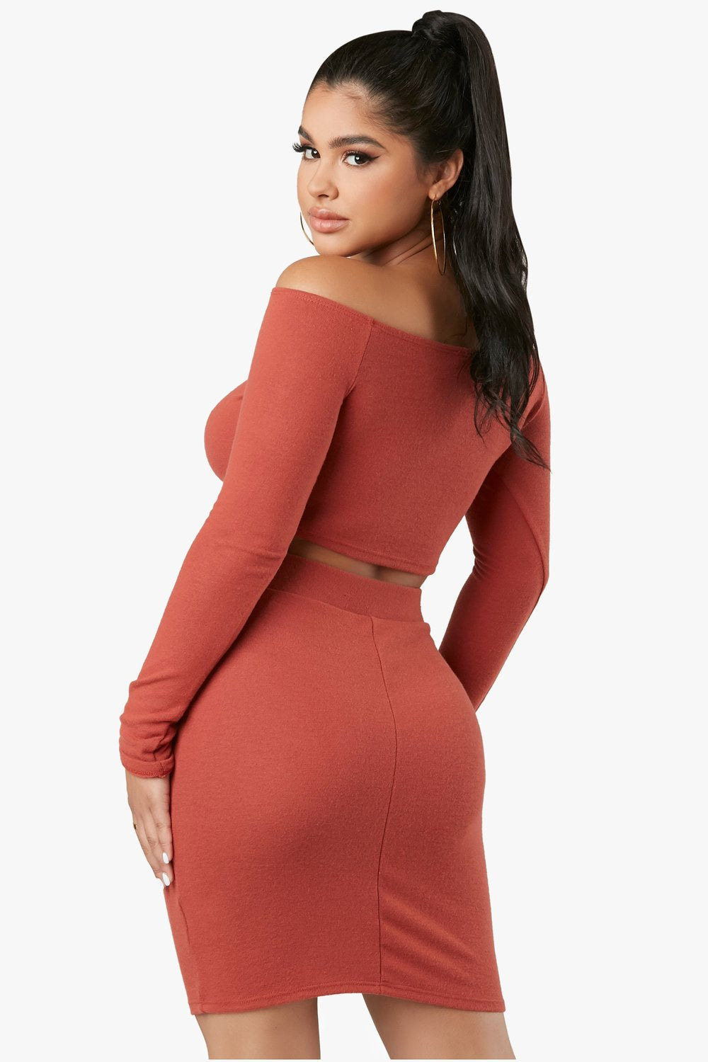 Do or Dye Off Shoulder Crop Top Set - Rust