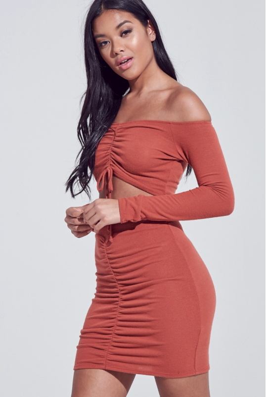 Do or Dye Off Shoulder Crop Top Set - Rust