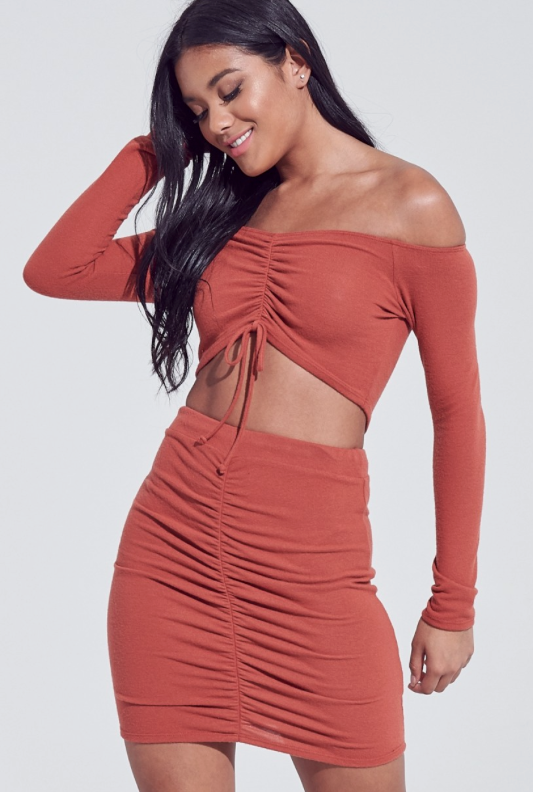 Do or Dye Off Shoulder Crop Top Set - Rust