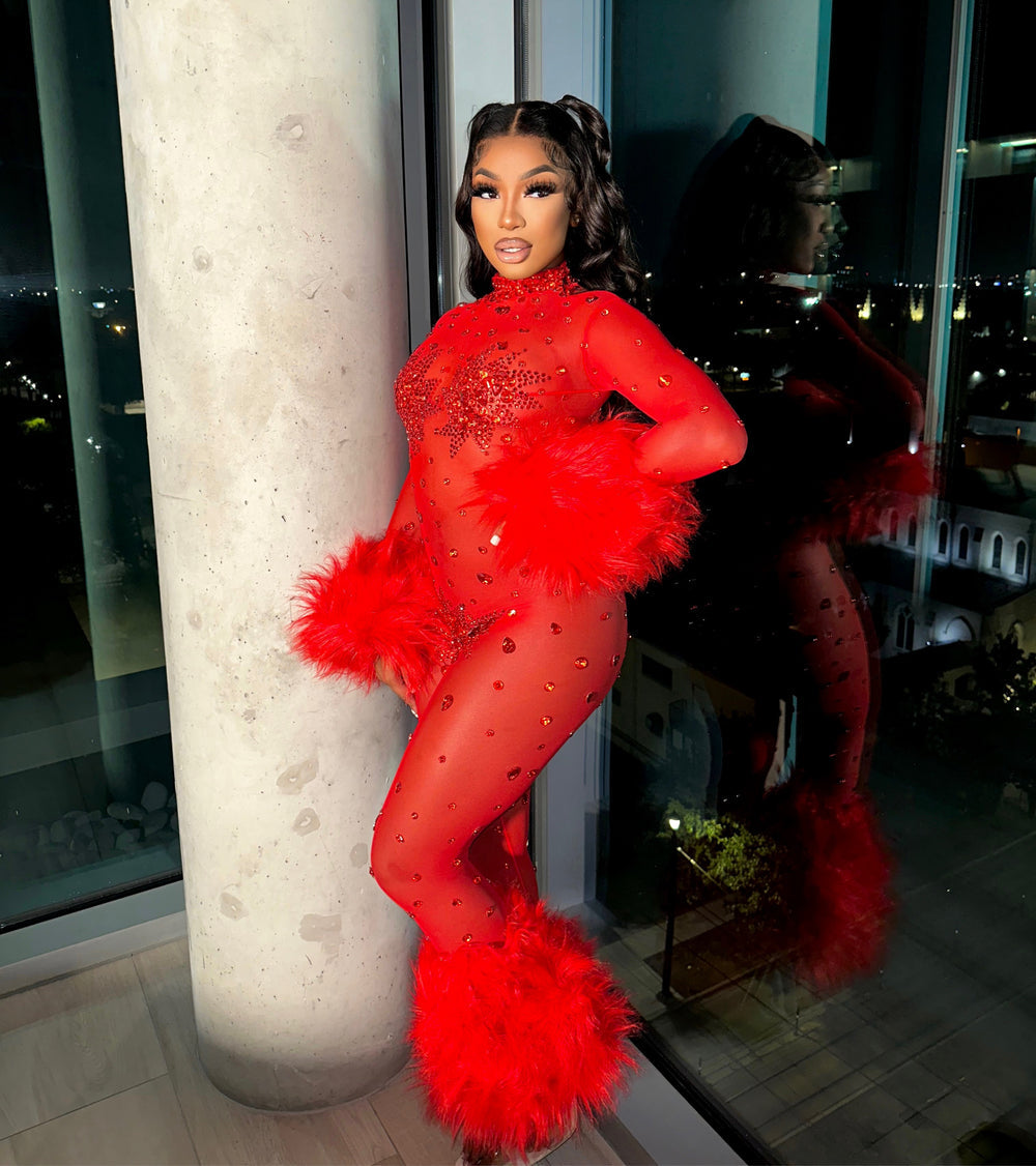 Feather Rhinestone Jumpsuit