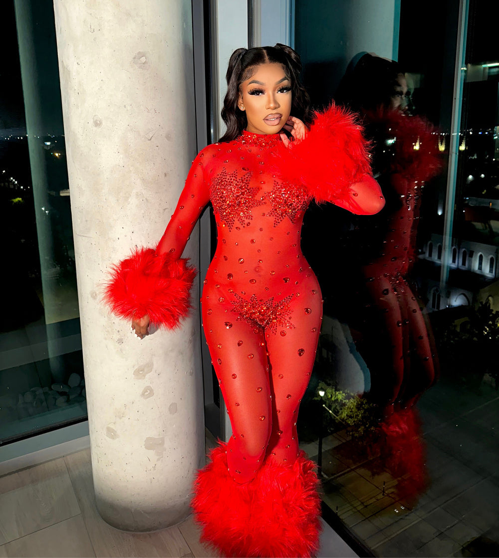 Feather Rhinestone Jumpsuit