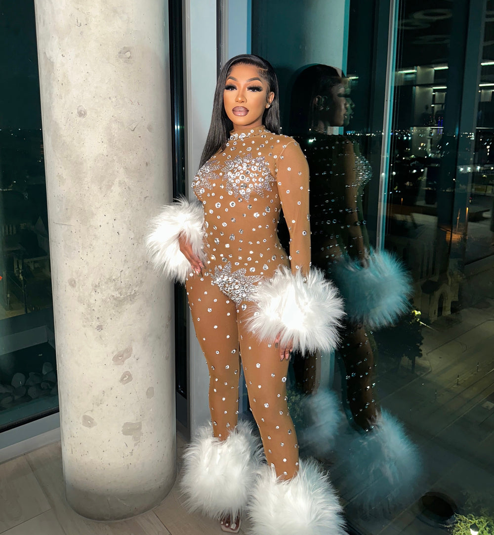 Feather Rhinestone Jumpsuit