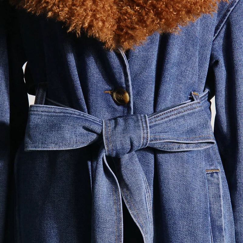 Fur Collar Trench Denim Coat
