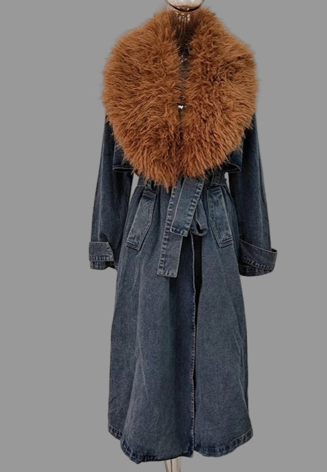 Fur Collar Trench Denim Coat