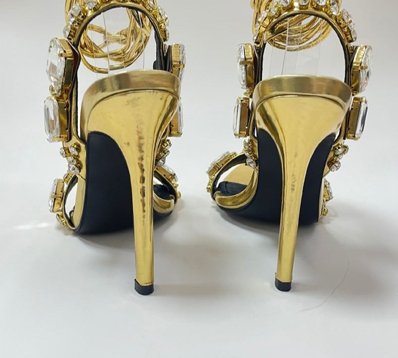 Golden Ankle Lace-Up High Heels