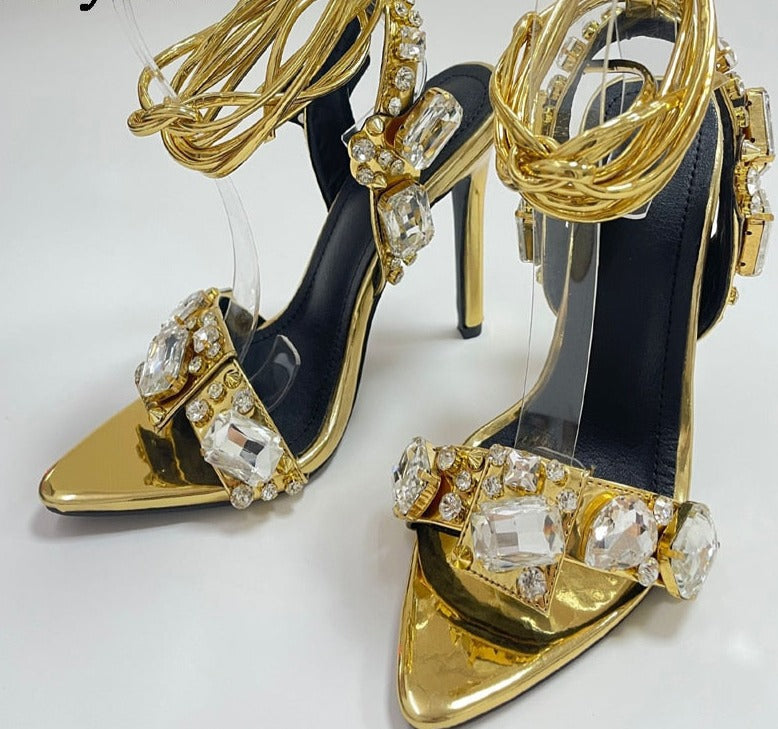 Golden Ankle Lace-Up High Heels