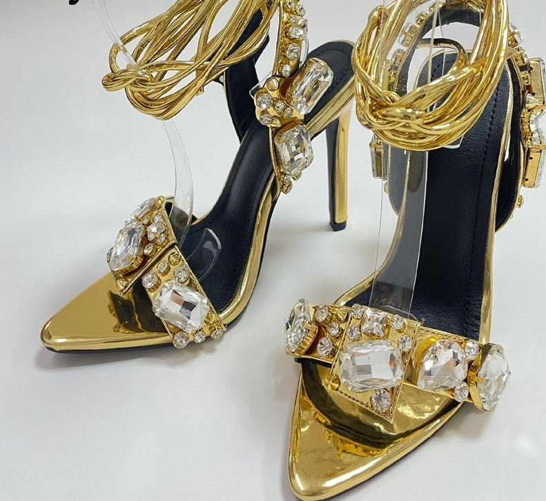 Golden Ankle Lace-Up High Heels