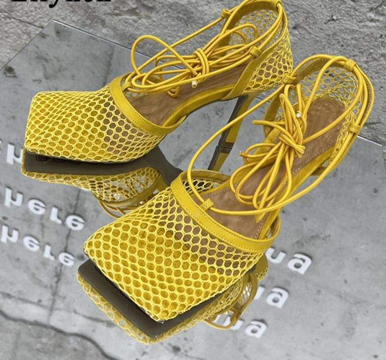Lace Up Mesh High Heels