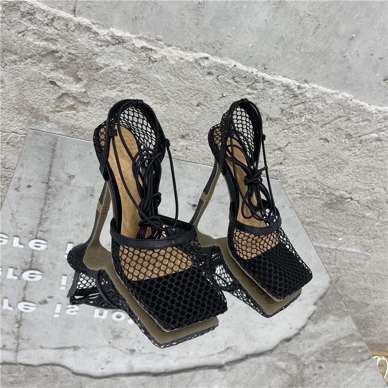 Lace Up Mesh High Heels