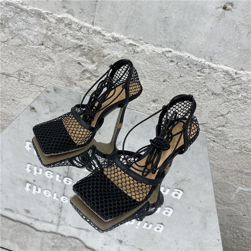 Lace Up Mesh High Heels