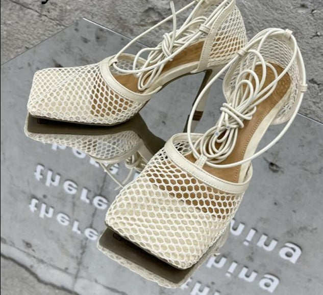 Lace Up Mesh High Heels