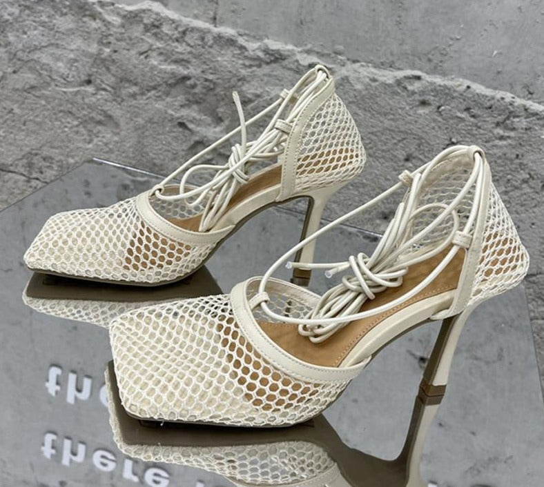 Lace Up Mesh High Heels