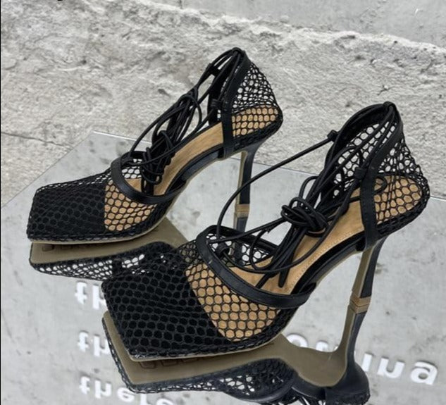 Lace Up Mesh High Heels