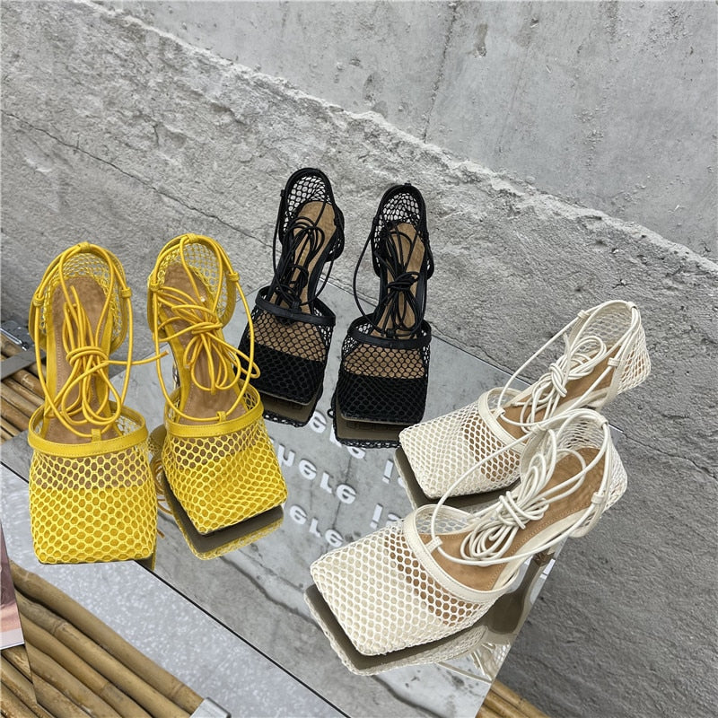 Lace Up Mesh High Heels