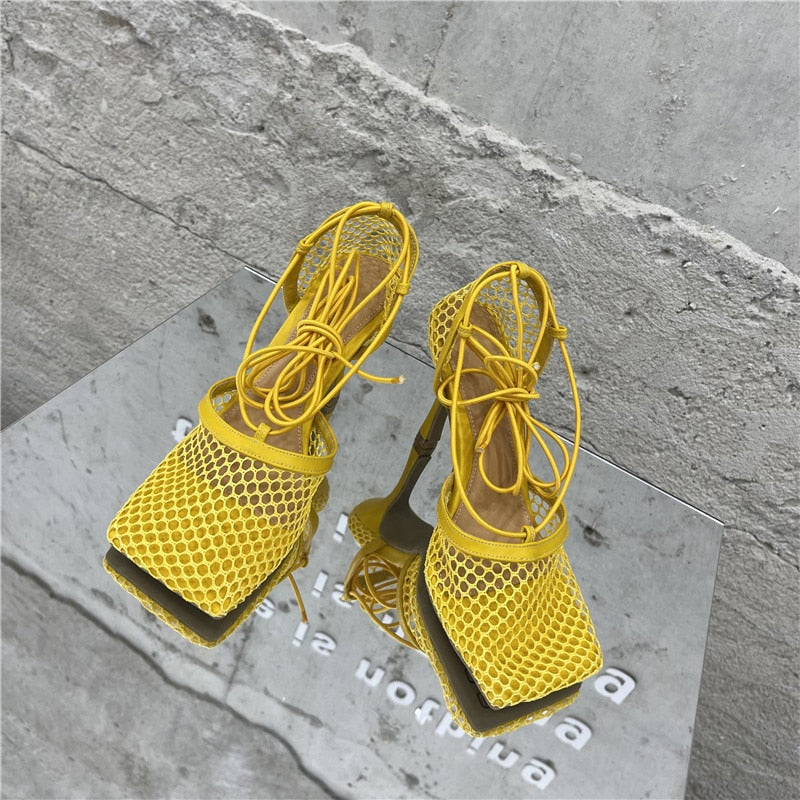 Lace Up Mesh High Heels