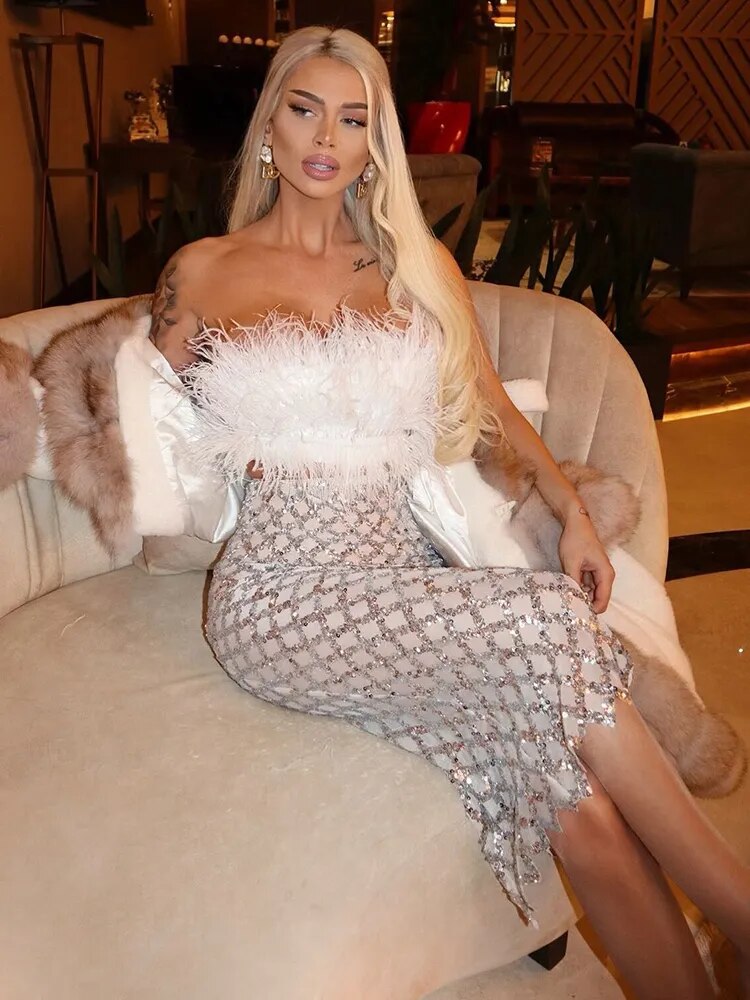 Leana Feather Bandage Skirt Set