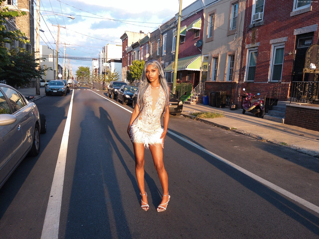Luxury Beaded Crystal Feather Dress