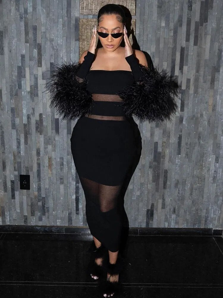 Luxury Feather Bandage Midi Dress