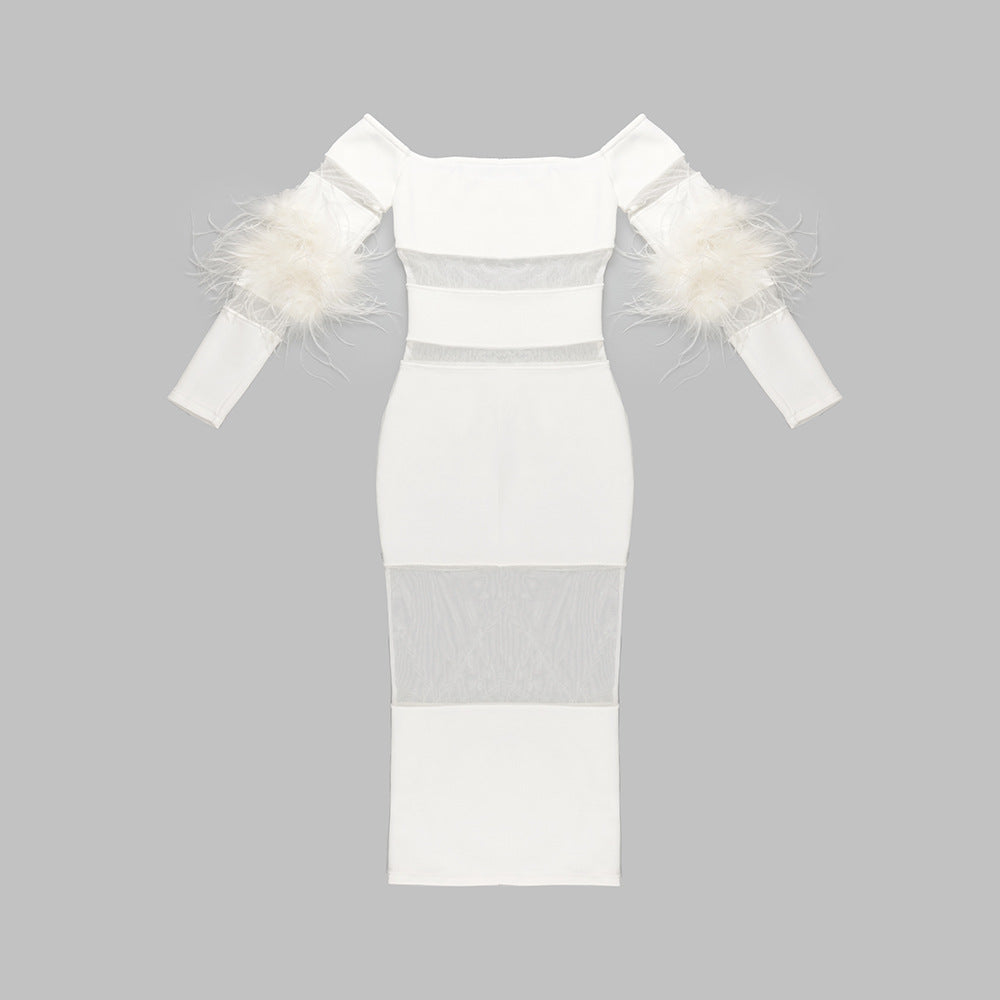 Luxury Feather Bandage Midi Dress
