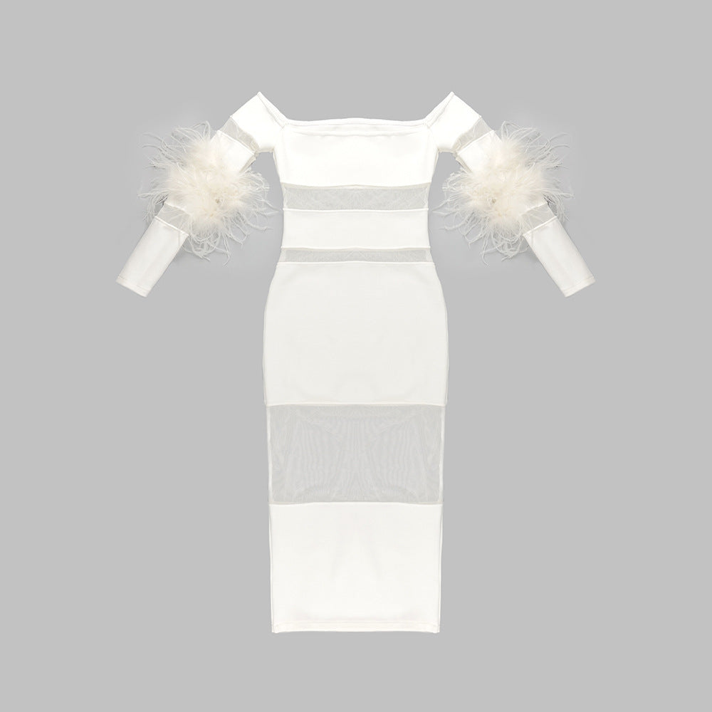 Luxury Feather Bandage Midi Dress