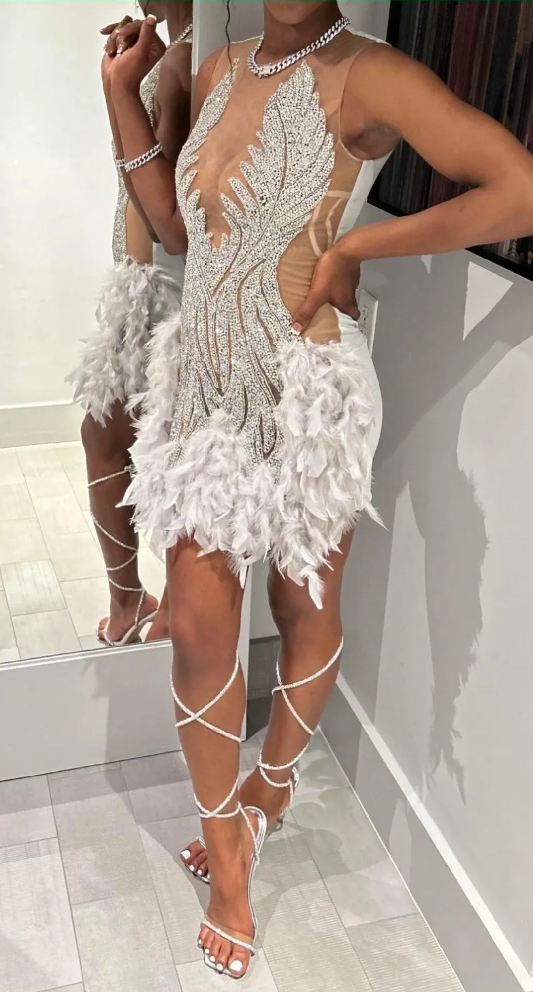 Luxury Sheer Cocktail Feather Dress
