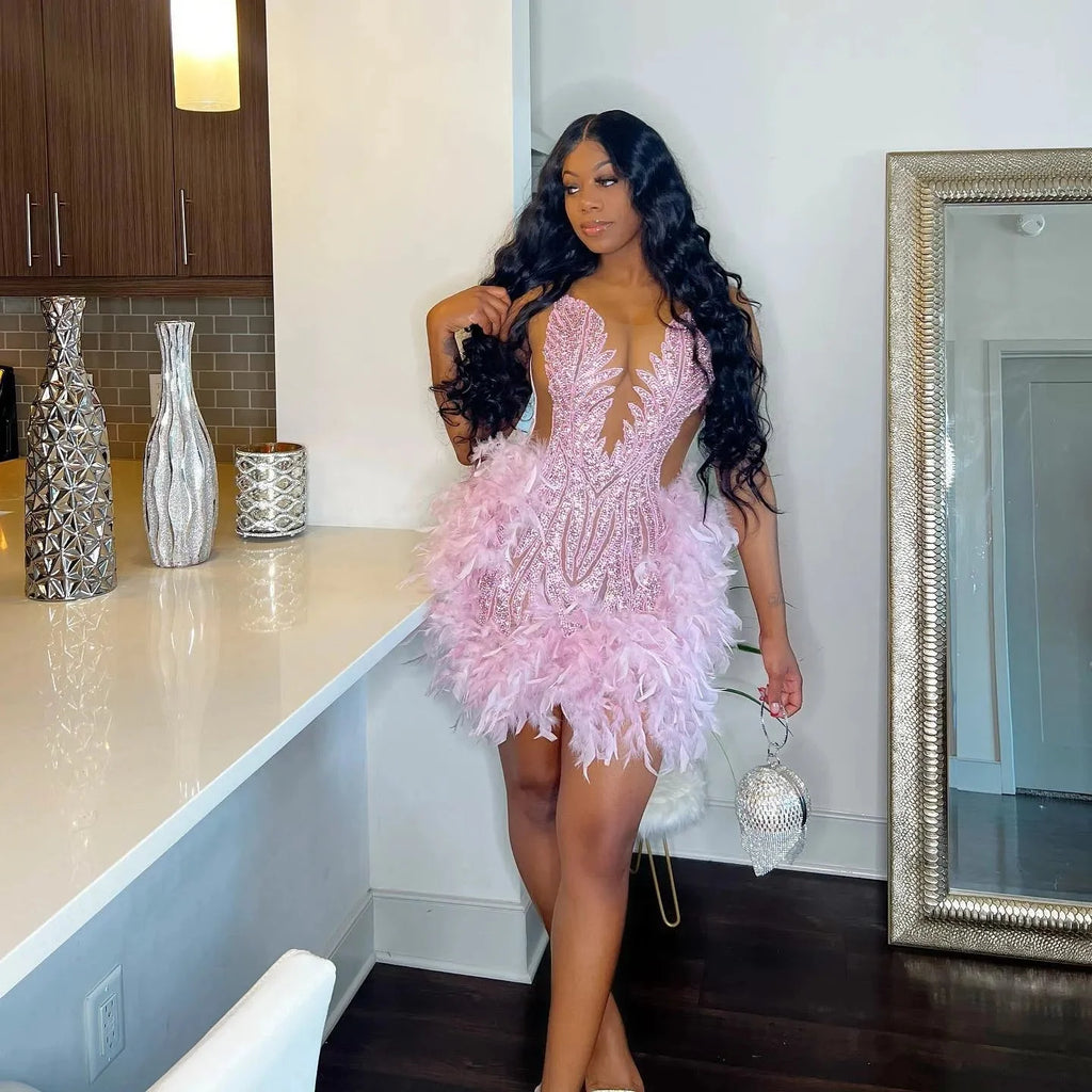 Luxury Sheer Cocktail Feather Dress