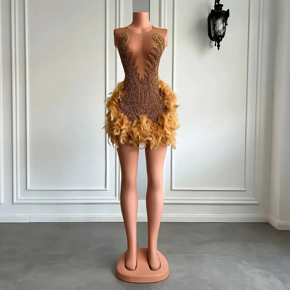 Luxury Sheer Cocktail Feather Dress