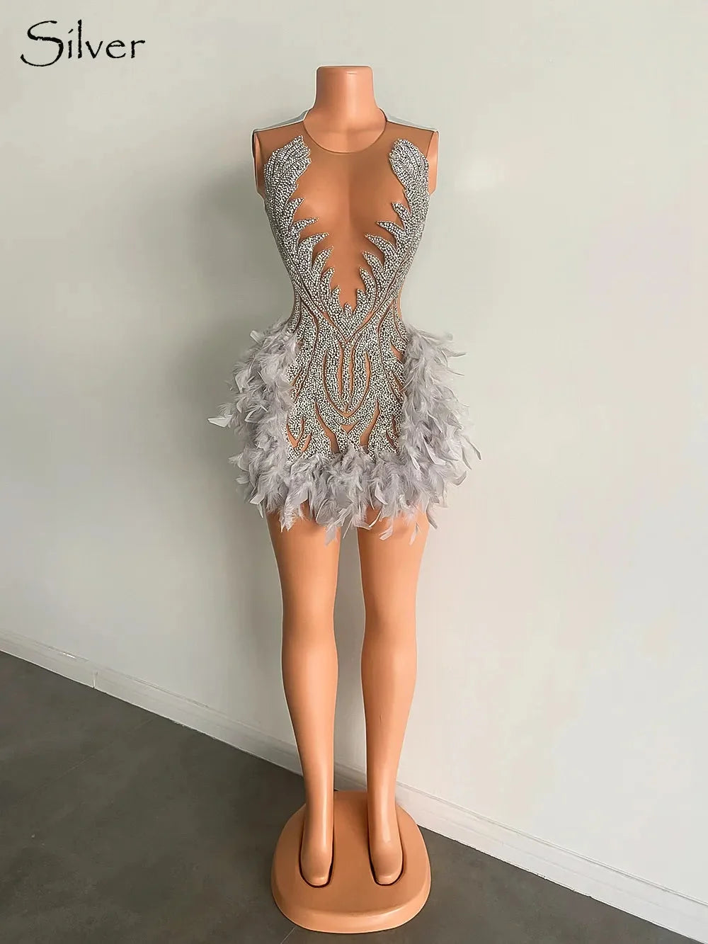 Luxury Sheer Cocktail Feather Dress