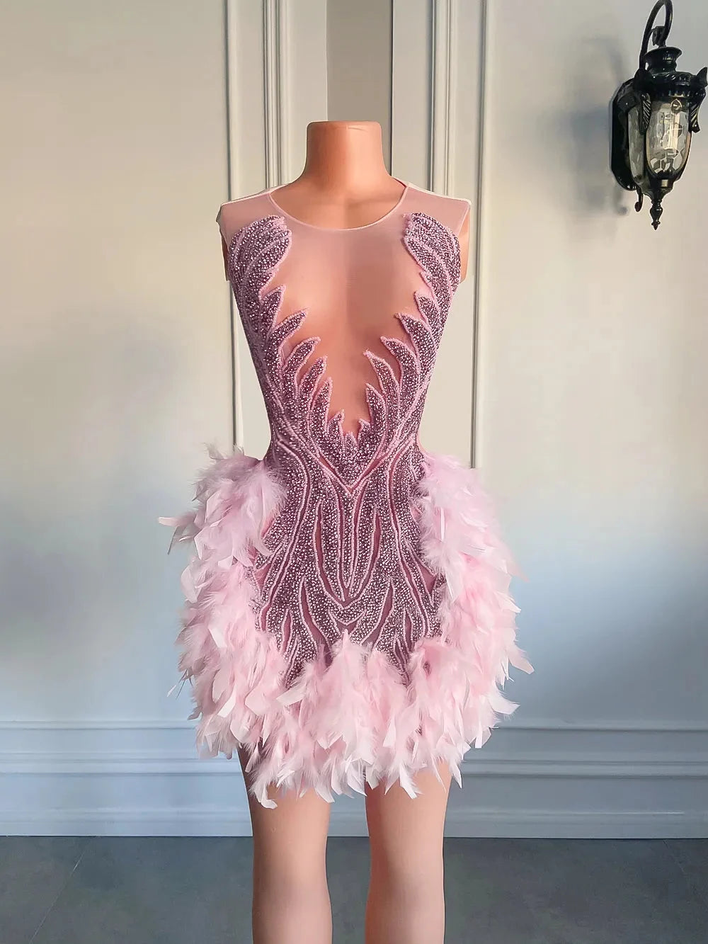 Luxury Sheer Cocktail Feather Dress