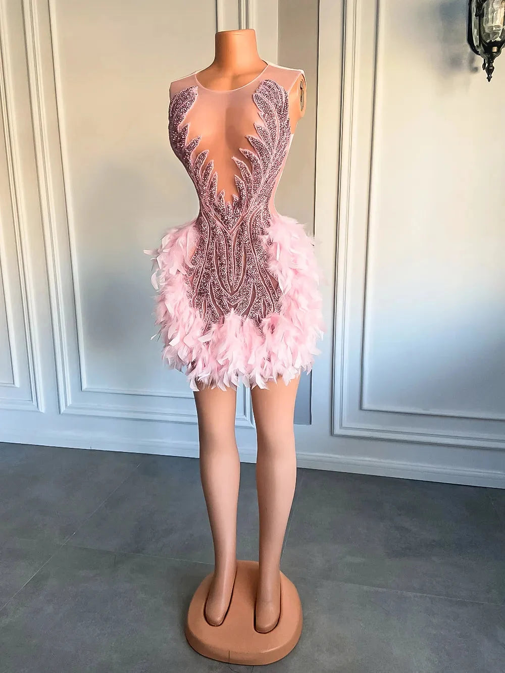 Luxury Sheer Cocktail Feather Dress