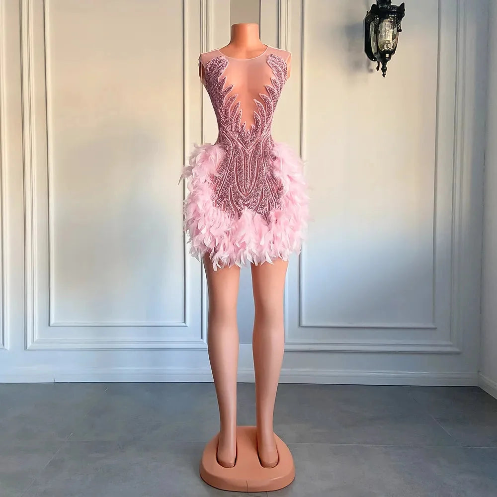 Luxury Sheer Cocktail Feather Dress
