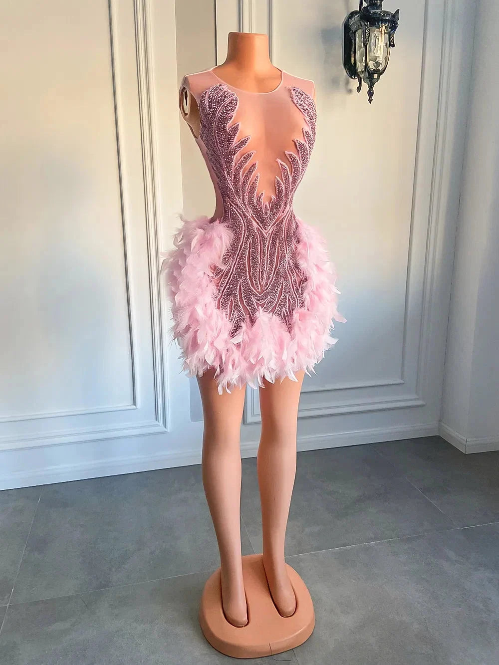 Luxury Sheer Cocktail Feather Dress