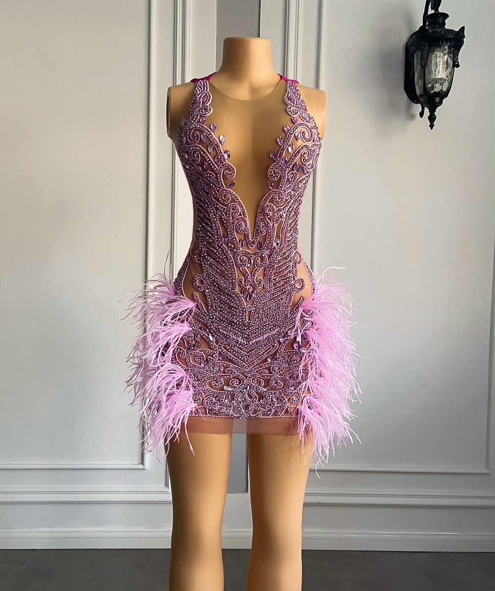 Luxury Sheer Crystal Feather Mini Dress