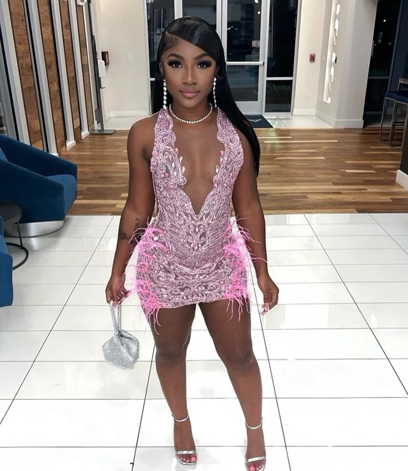Luxury Sheer Crystal Feather Mini Dress
