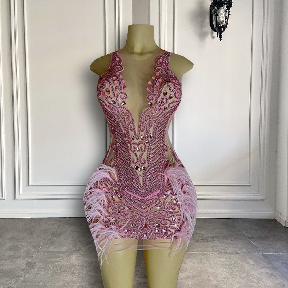 Luxury Sheer Crystal Feather Mini Dress