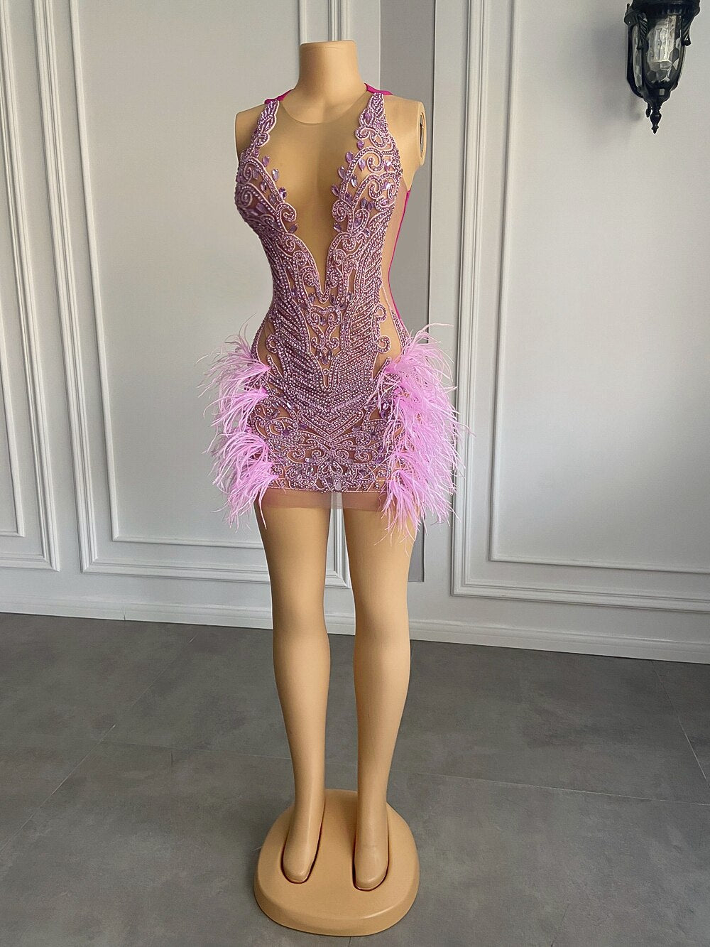 Luxury Sheer Crystal Feather Mini Dress